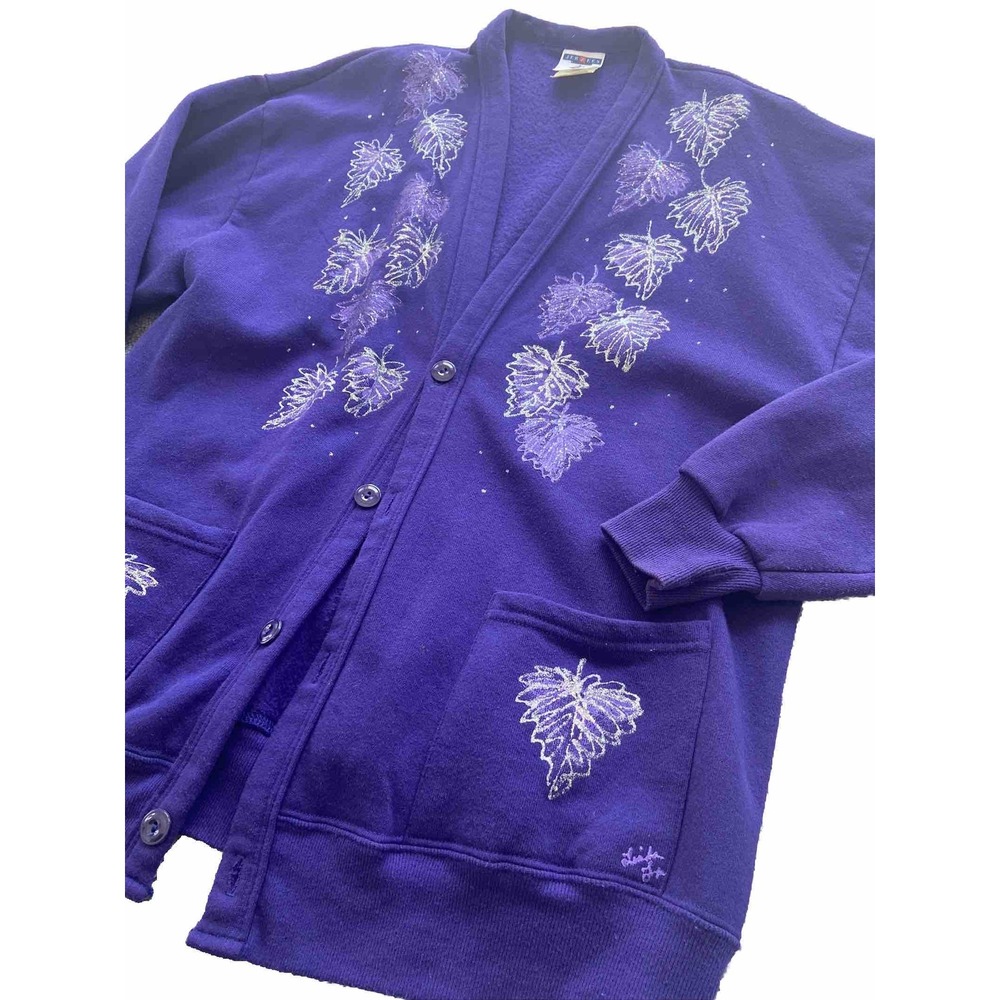 Jerzees Vintage Purple Cardigan Sweatshirt Autumn Leaves Granny Core ‎  Sz XL-1X